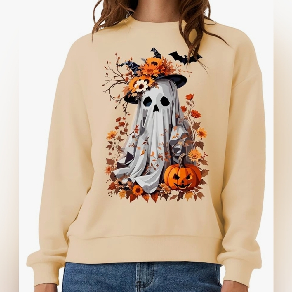 Halloween Ghost Print Sweatshirt Cream Orange Size Medium NWT